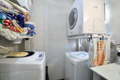 洗濯機と乾燥機の様子。乾燥機はガス式でパワフルです。(2021-11-08,共用部,LAUNDRY,1F)