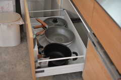 フライパンや鍋類はシンク下に収納されています。(2022-02-03,共用部,KITCHEN,1F)