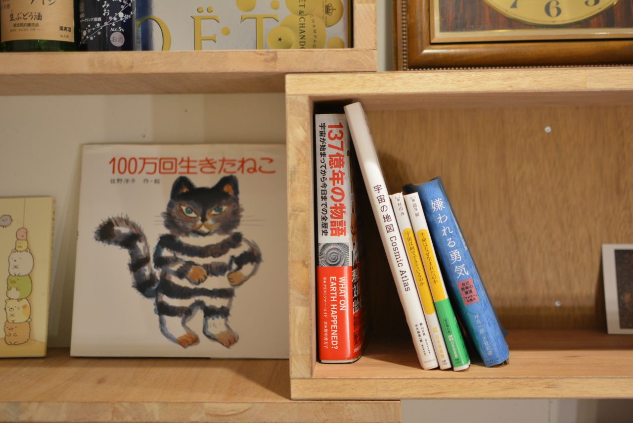 佐野洋子の児童書「100万回生きたねこ」が面で飾られています。(2016-05-25,共用部,LIVINGROOM,1F)