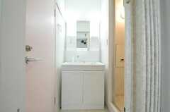 脱衣室には洗面台が用意されています。左手のドアがトイレで、右手がバスルームです。(2013-04-01,共用部,BATH,1F)