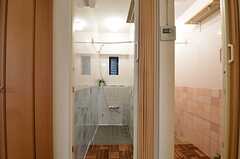 シャワールームの様子。脱衣スペースはカーテンで仕切ります。(2014-06-09,共用部,BATH,1F)