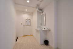 廊下の様子2。男性用バスルームの対面が女性用バスルームです。廊下には洗面台が設置されています。(2019-08-07,共用部,OTHER,1F)