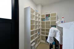 ランドリールームの対面には、洗剤などを置いておける棚が設置されています。(2020-10-08,共用部,LAUNDRY,4F)